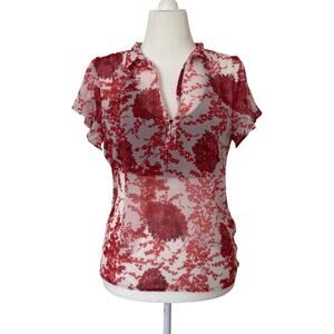 ZARA | Sheer short sleeve floral blouse | Red and White | Medium